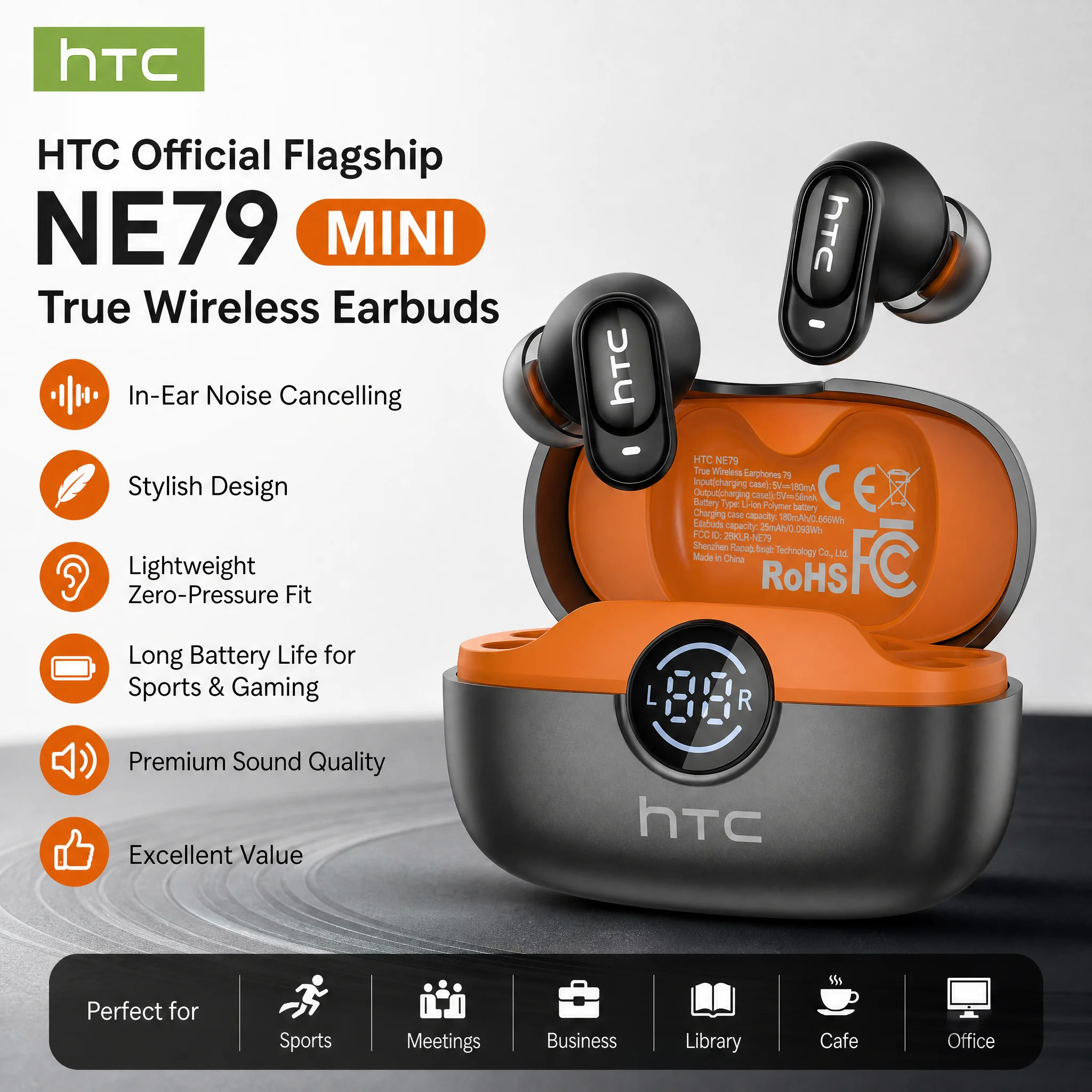 HTC NE79 TWS 블루투스 6.0 이어버드 AI 번역 135개 언어 지원 ENC 노이즈 캔슬링 HiFi 스테레오 헤드폰 LED 디스플레이 탑재