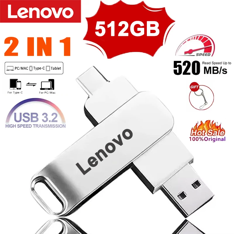 레노버 USB 3.2 플래시 드라이브 520MB/s 속도 2in1 타입 C OTG 펜 드라이브 방수 대용량 저장 장치 (휴대폰, 컴퓨터, PC 데이터 저장용)