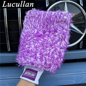 Lucullan 로고 프리미엄 보라색 마이크로파이버 장갑 초흡수성 폼 스티치 내부 라이닝 세차 장갑