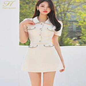 캐주얼 패션 전문 간단한 스커트 정장 2 조각 세트 여성 짧은 소매 탑 + 대비 색 A 라인 스커트