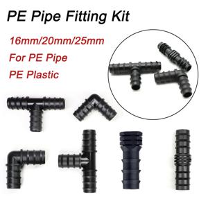 10/50Pcs PE 파이프 피팅 키트 16/20/25mm 엘보우 스트레이트 티 플러그 워터 파이프 커넥터 정원 온실 물방울 관개 피팅