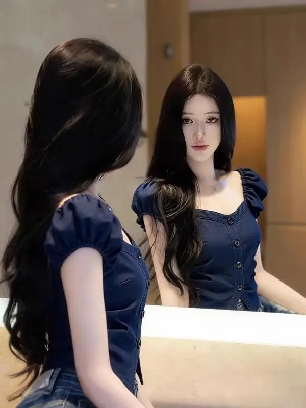 우아한 스위트 스퀘어 칼라 민소매 여성 셔츠 슬리밍 허리 하이 패션 여름 탑 한국 스타일 긴 소매 버튼 업