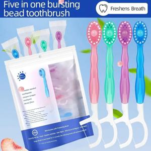5-in-1 버스트 비드 일회용 세척 칫솔, 구강청결제 포함, 휴대용 여행용 칫솔, 치실 포함