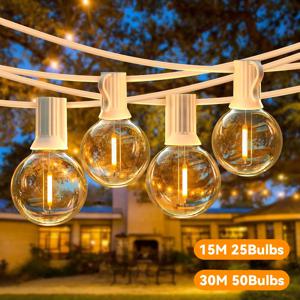 G40 LED 야외 조명 스트링 15M 30M 화이트 가랜드 조명 스트링 깨지지 않는 전구 2200K 장식 램프 웨딩 발코니 파티용