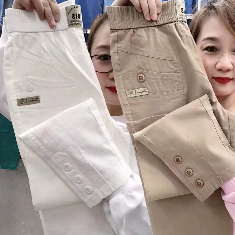 여성용 코튼 린넨 하란 캐주얼 바지 얇은 슬리밍 9포인트 루즈핏 다용도 여름 신상 하이웨이스트 통근 스타일
