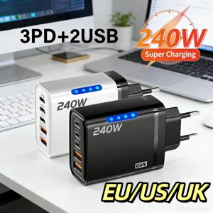 240W 5포트 GaN 충전기 USB C 고속 충전 어댑터 PD 퀵차지3.0 타입 C USB 충전기 (아이폰, 삼성, 샤오미, 화웨이, 태블릿용)