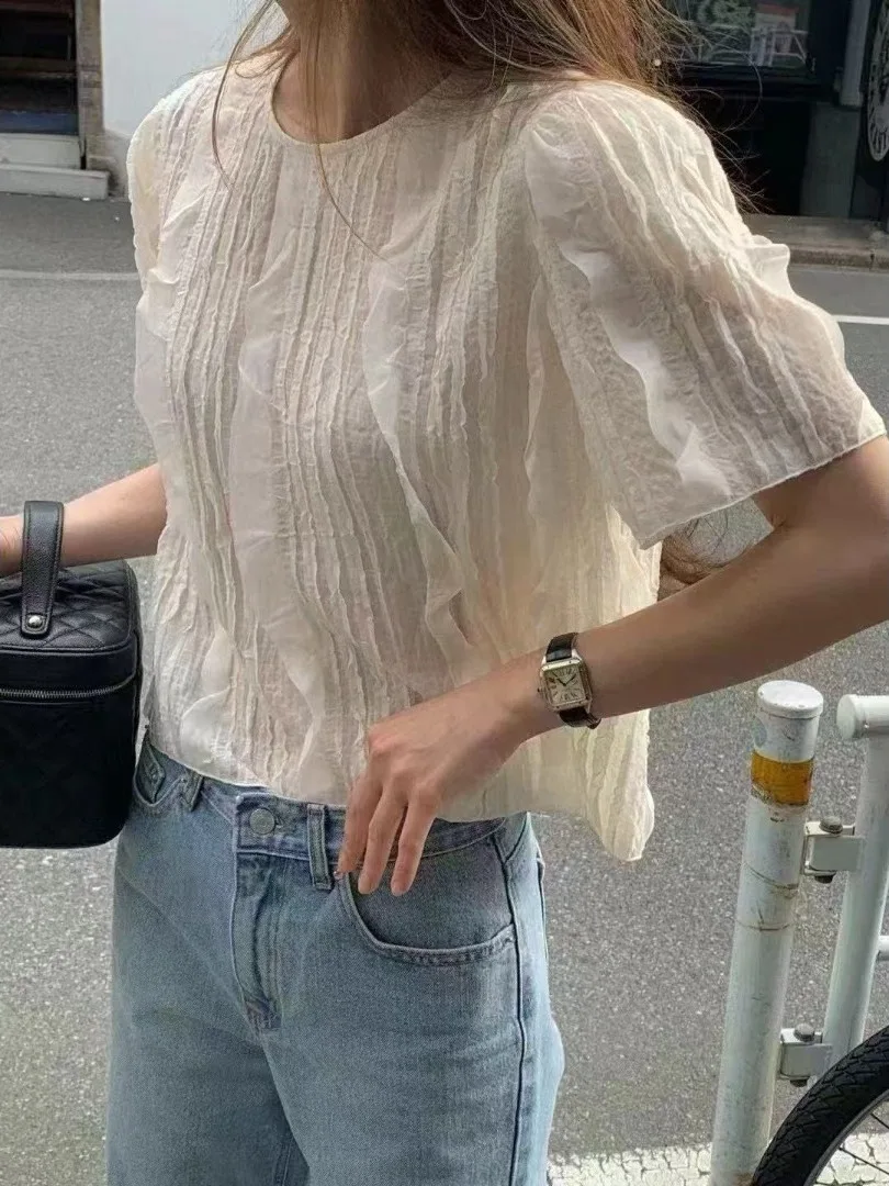 루즈핏 여성 셔츠 동대문 플리츠 디자인 나무 가장자리 레이스업 라운드넥 여름 신상 2025 한국 패션 반팔