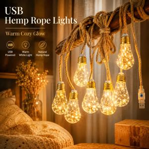 USB 대마 로프 스트링 라이트 8/16/24 LED 웜 화이트 빈티지 전구 요정 조명 침실 발코니 파티 홈 데코