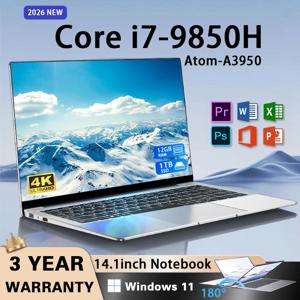 2026 인텔 코어 i7 9850H 아톰 A3950 휴대용 노트북 컴퓨터 14.1인치 HD 게이밍 노트북 윈도우 11 프로 SSD 2TB 램 16GB PC 노트북