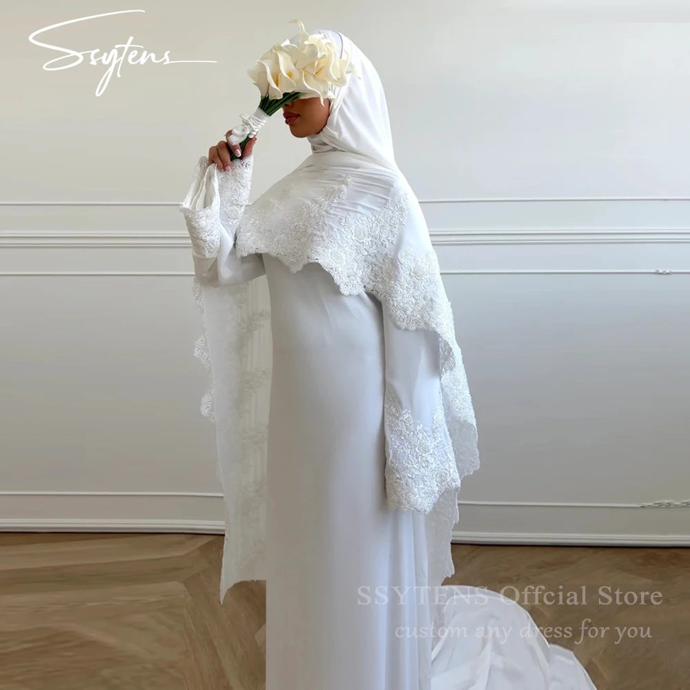 SSYTENS 맞춤형 아이보리 웨딩 드레스와 케이프 겸손한 신부 드레스 레이스 아플리케 결혼 긴 소매 이슬람 신부 가운