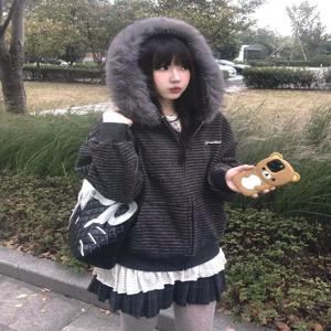 아메리칸 레트로 스트라이프 탈부착 가능한 모피 칼라 후드 코트 여성용 스위트 패션 루즈 자켓 Y2K 하라주쿠 빈티지 스웨트셔츠 신상품