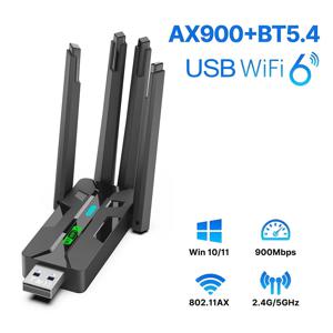 USB WiFi 6 AX900 Bluetooth 5.4 어댑터 2in1 동글 2.4G 및 5GHz Windows 10/11용 4 안테나 네트워크 무선 수신기 포함