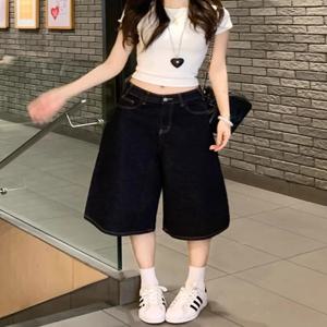 아메리칸 딥 블루 데님 7부 반바지 여성 여름 신상 레트로 하이웨이스트 루즈 슬림 스트레이트 레그 와이드 레그 미드 팬츠
