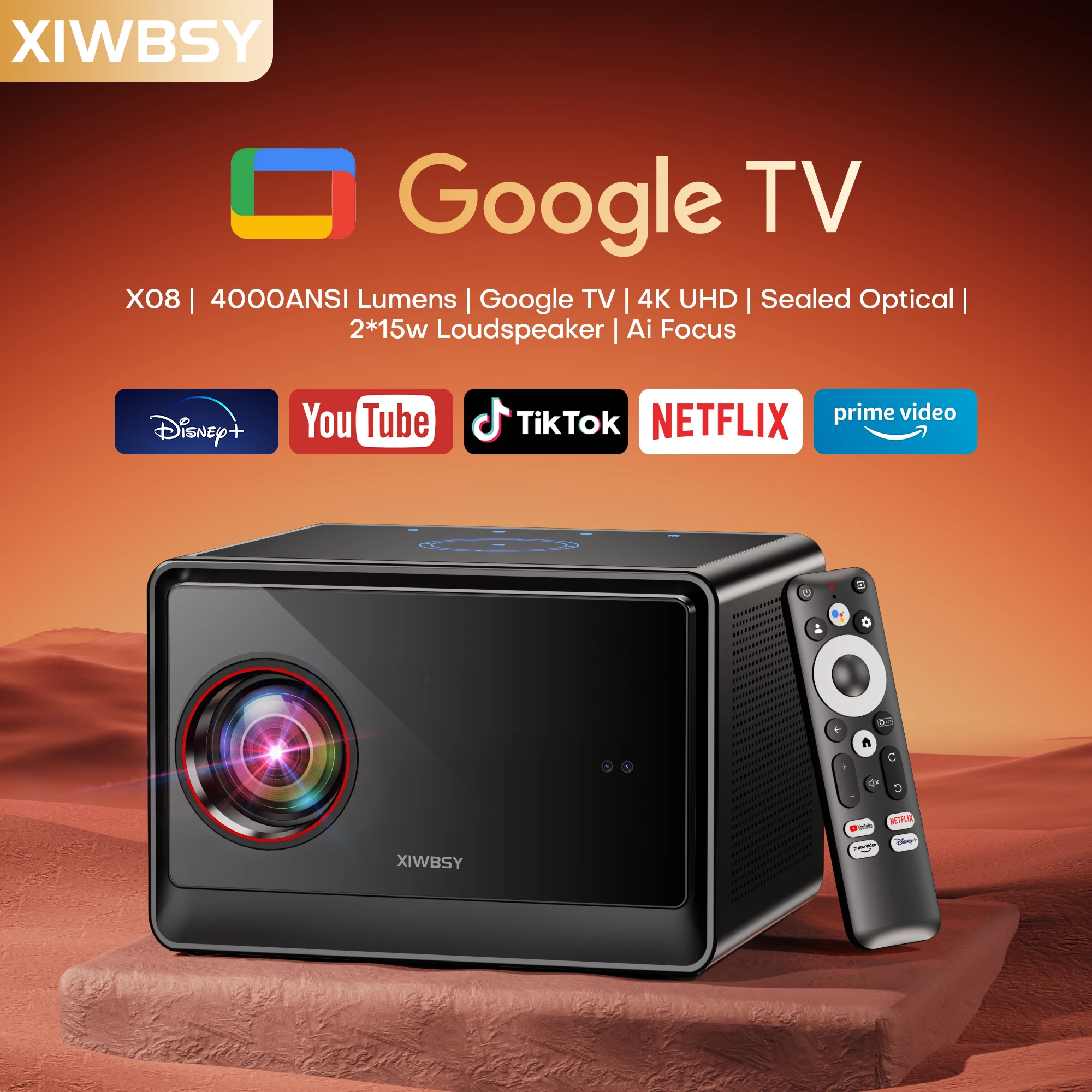 XIWBSY 64GB 구글 TV 프로젝터 4000ANSI 오프라인 시네마 빔프로젝터 4K HD 비디오 프로젝터 안드로이드 14.0 밀봉형 광학 프로젝터