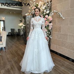 RODDRSYA 레이스 웨딩 원피스, 긴 소매 시민 복장, 맞춤형 오간자 아플리케, A 라인 바닥 길이 신부 가운RODDRSYA 레이스 원피스 긴팔 Civil vestidos de novia 맞춤형 투명 경사 스티커 A자형 드래그 신부 드레스