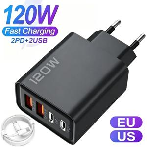 4포트 120W USB C 고속 충전 스테이션 PD QC3.0 벽면 어댑터 데이터 케이블 (아이폰, 삼성, 샤오미, 화웨이 호환) EU/US/UK 플러그 여행용