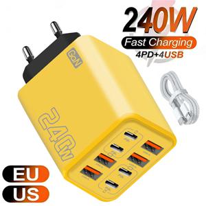 240W GaN USB C 충전기 8 in 1 고속 충전 휴대폰 충전기 전원 어댑터 (아이폰, 삼성, 샤오미 타입 C) EU/US 플러그 벽면 충전기