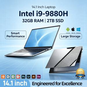 2026 인텔 코어 i9 9880H 14.1인치 노트북 2.3GHz 4.8GHz 터보 32GB 램 2TB SSD 울트라 슬림 게이밍 1920x1080 오피스 프로 맥스