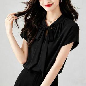 [셀러허브_여성트랜드패션]F007725_ 여름 새틴셔링 캡슬리브 리본타이 셔츠블라우스