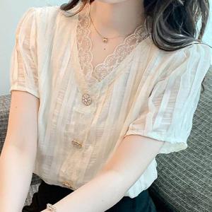블라우스 브라우스 셔츠 레이스넥 여자 반팔 직장인 여성 데일리룩