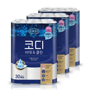쌍용씨앤비 코디 비데 앤 클린 화장지 3겹 30m 30롤 3팩