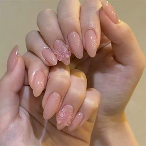 TEMU TOP 24pcs 네일 아트 세로 포인트 아이스 투명 리본 탈부착 가능 핑크색 인조 손톱