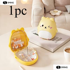 TEMU 귀여운 화이트 핑크 웃는 얼굴 곰 알약 케이스 1개 - 대용량 약통, 보석류, 귀걸이, 생선기름 캡슐 등 소품 보관에 적합. 밀폐형 칸막이와 라벨이 부착된 5개의 개별 플립탑 수납공간 포함. 이상적