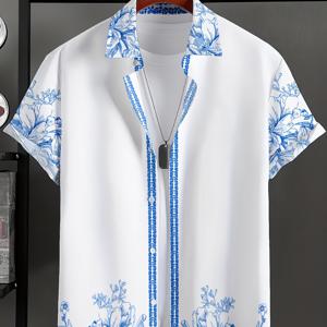 TEMU 남성 캐주얼 반팔 버튼업 셔츠, 빈티지 플로럴 프린트, 100% 폴리에스테르 원단, 비스트레치, 레귤러 핏, 봄/가을 컬렉션