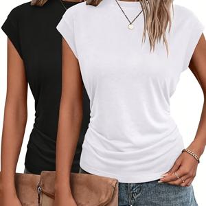 TEMU 여성용 반팔 라운드넥 플리츠 티셔츠 2pcs