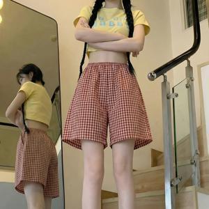 TEMU 레드 체크 프린트 여성용 휴대가 편리한 100% 탄력 루즈핏 캐주얼 반바지, 여성용 4계절 굿나잇 홈웨어 반바지, 레트로 홈&아웃도어 에어컨용 바지, 여성용 라지 사이즈 루즈핏 캐주얼 팬츠, 여행용 휴대용 바지