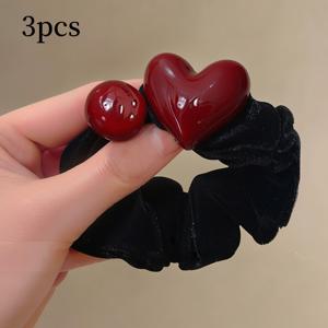 TEMU 여성용 레드 하트 비즈 헤어 타이 3개, 고급 신축성 밴드, 스타일리시하고 패셔너블한 번 헤어 액세서리