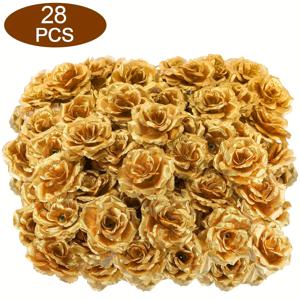TEMU 28개 리얼리스틱 골든 로즈 인조 꽃 - 3.1인치 꽃머리, 웨딩, 발렌타인데이, 크리스마스, 어버이날 장식용 - 럭셔리 골든 센터피스 (꽃병 미포함)