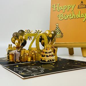TEMU 1개 70번째 생일 카드, 70번째 생일 축하 카드, 팝업 3D 입체 카드, 블랙 앤 골드 테마, 반짝임, 할아버지/할머니/70세 이상 어르신에게 적합