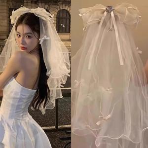 TEMU 1개 다층 튤 브라이덜 베일, 큰 리본과 하트 장식, 러플 숏 웨딩 헤드피스, 스위트 스타일 신혼여행 사진 소품