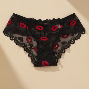 TEMU 여성용 세미 시스루 비키니 팬티 - 입술 프린트와 그물망 패널이 있는 통기성 레이스 속옷, 비키니 수영복용, 로맨틱 삼각형 브리프, 손세탁 가능, 비치웨어 및 일상용으로 편안함