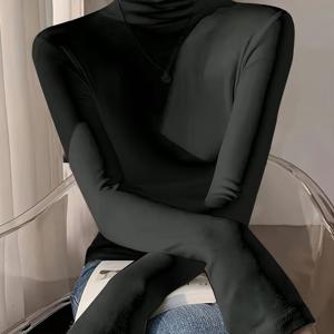 TEMU 여성용 가을/겨울 긴소매 슬림핏 하이넥 베이스레이어 상의, 보온을 위한 두꺼운 소재