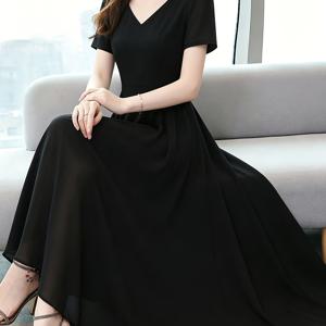 TEMU 여성용 브이넥 반팔 시폰 원피스 - 허리가 조이는 맥시 플레어 에이라인 원피스, 기계 세탁 가능한 솔리드 블랙 원피스, 출퇴근, 결혼식 및 세미 정장 행사에 적합