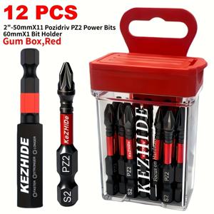 TEMU 11개 2인치 PZ2 강력 자석 임팩트 드라이버 전동 헤드, 1개 60mm 드릴 비트 연장 로드, 하드 플라스틱 빨간색 투명 상자 포함