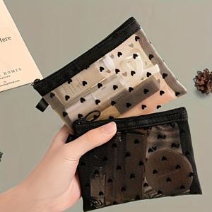 TEMU 2개 세트 베이지 & 블랙 하트 디자인 투명 보관백, 휴대용 립스틱 및 소품 정리 가방