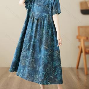 TEMU 봄/여름 신상 빈티지 프린트 라운드넥 반팔 리넨 드레스 여성용, 루즈핏 패치워크 A라인 드레스