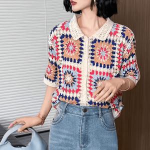 TEMU 여성 레트로 코바늘 뜨개질 할로우 아웃 반팔 가디건 봄 여름 대비되는 색상 라펠 싱글 브레스트 탑
