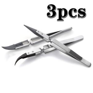 TEMU 스테인리스 스틸 리버스 핀셋 3개 세트, 뾰족한 굽은 팁 대비 그립 핀셋, 고강도 금속 구조, 전자제품, 주얼리 제작, 공예 및 기타 분야에 적합—전원 불필요, 정전기 방지 정밀 그립 공구