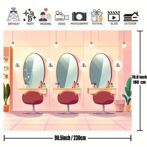 TEMU 1pc 생생한 만화 헤어 살롱 배경 - 100% 폴리에스터, 결혼식, 파티, 스튜디오 촬영에 이상적, 살롱 의자 및 원형 거울 디자인, 파티 배경 | 재미있는 디자인 | 내구성 있는 폴리에스터, 살롱 장식