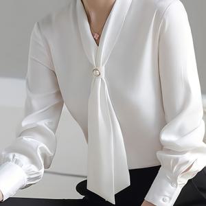 TEMU 시크하고 우아한 비즈 장식 V넥과 타이 디테일의 쉬폰 블라우스 - 긴소매, 반투명, 기계 세탁 가능 - 스타일리시한 레이스 장식 작업복