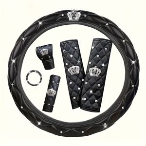 TEMU 6개 럭셔리 스파클링 차량 내부 세트, 인조 가죽 왕관 라인스톤 핸들 커버, 안전 벨트 숄더 패드, 핸드브레이크 커버, 기어 변속 커버, 시동 버튼 링, 미끄럼 방지 내마모성 텍스처 - 범용 차량 내부