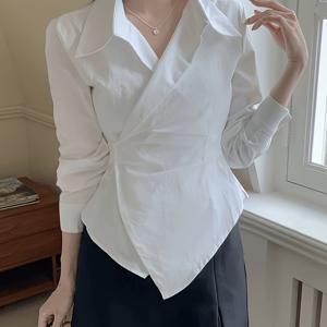 TEMU 여성용 우아한 슬림핏 블라우스 - 비침 방지 긴소매 셔츠, 어시메트리컬 허리밴드 디자인, 오피스부터 파티까지 연중 내내 활용 가능한 세련된 정장 & 캐주얼 룩