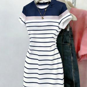 TEMU 블루 앤 화이트 패치워크 원피스 여성 여름 신상 허리 집어넣는 숏 티셔츠 원피스 한국 캐주얼 나이 감추기 다용도