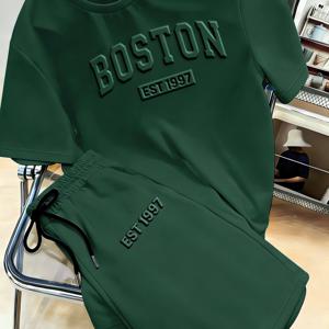 TEMU [BOSTON 프린트] 남성 반팔 반바지 단색 세트 여름용 얇은 3D 엠보싱 운동복 홈웨어 2피스 세트