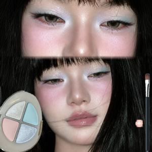 TEMU 4구 쿨톤 아이섀도우 팔레트 브러쉬 증정, 핑크 블루 실버 글리터 펄 섀도우 고발색 데일리 아이메이크업 화장품