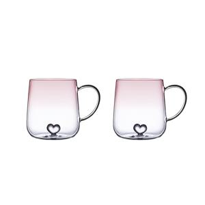 TEMU 하트 바닥 하이보로실리케이트 유리 싱글 레이어 컵 400ml 그라데이션 블루 커플용 내열성 핸들 달콤한 우유 주스 물컵 2개 세트